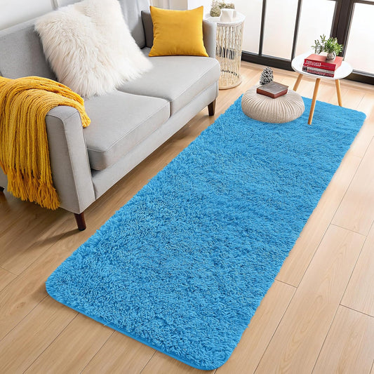 OLANLY Machine Washable 2x6 Runner Rug - Soft Fluffy Shaggy Design for Bedroom & Hallway | Bright Blue Decor
