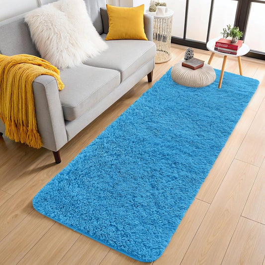 OLANLY 2x8 Machine Washable Runner Rugs for Hallway, Soft Fluffy Shaggy Bedside Rugs for Bedroom, Living Room, Indoor Floor Carpet for Kids Girls and Boys, Home Decor Aesthetic, Bright Blue