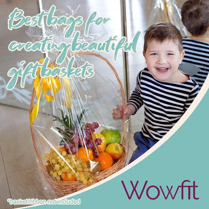 Wowfit 10 CT 16x24 Inch Clear Cellophane Gift Bags – Food-Safe Cello Bags for Small Gift Baskets, Wine Raffles, Bridal or Baby Showers, and More (No Gusset, Ribbon Not Included)