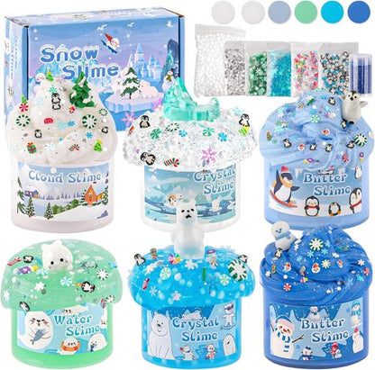 LAWOHO Snow Slime Kit - 6 Packs of Butter, Clear, Water & Cloud Slimes with Charms | Fun Slime Making Set for Kids