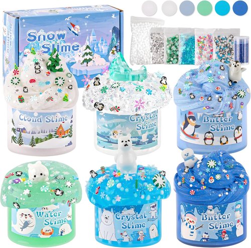LAWOHO Snow Slime Kit - 6 Packs of Butter, Clear, Water & Cloud Slimes with Charms | Fun Slime Making Set for Kids