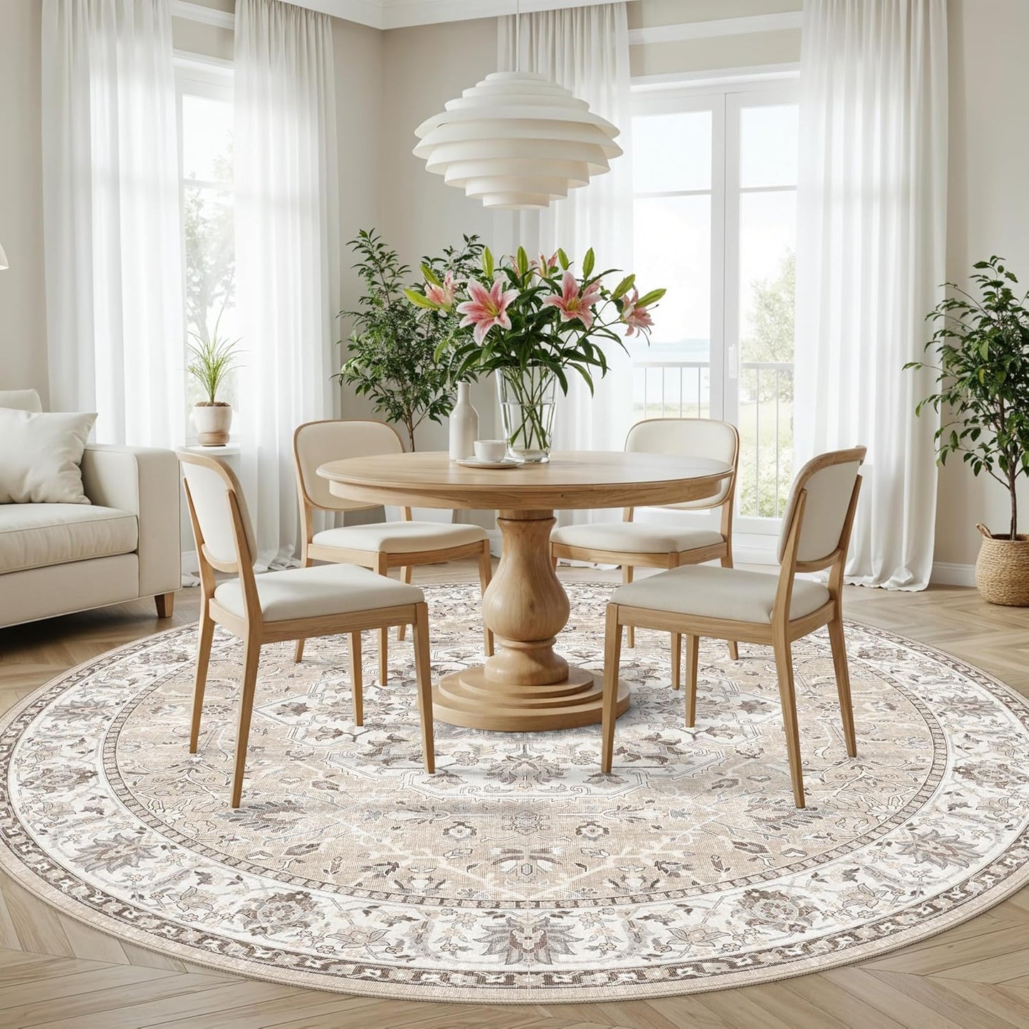 Skiennix Washable 6ft Circle Round Rug - Soft Stain-Resistant Low-Pile Carpet for Living Room, Bedroom & Nursery | Beige