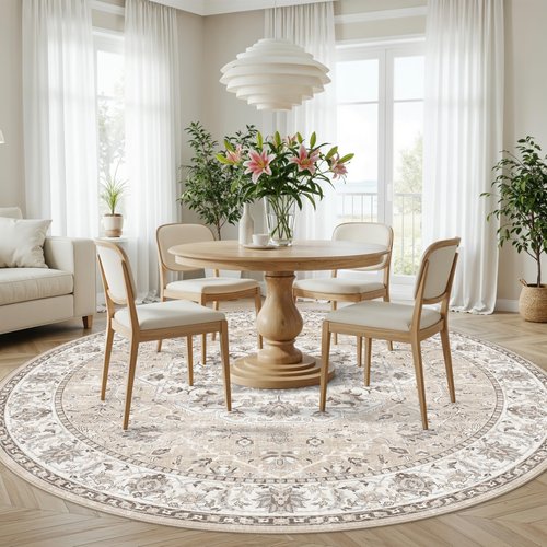 7x7 Living Room Area Rug: Washable Oriental Printed Soft Round Rug for Bedroom Besides Non-Slip Low-Pile Carpet for High-Traffic Area Indoor Stain Resistant Distressed Home Decor Mat(7Round,Beige)