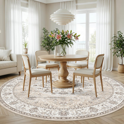 Washable 8ft Round Area Rug - Living Room Oriental Non Slip Soft Rugs Indoor Low Pile Stain Resistant Carpet for Bedroom Dining Room Farmhouse Distressed Thin Home Decor Floor Mat(8Round,Beige)