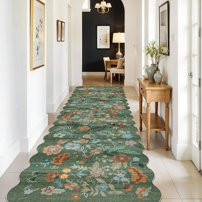 Washable 3x10 Hallway Runner Rug: Floral Scalloped Soft Runners for Entryway Kitchen Nursery Non Slip Bathroom Floor Mat Water Resistant Light Weight Carpet for Living Room Bedroom (3x10 Floral/Green)