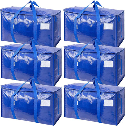 TICONN Extra Large Heavy-Duty Moving Bags - Durable Storage with Zippers & Handles | 6 Pack, Blue