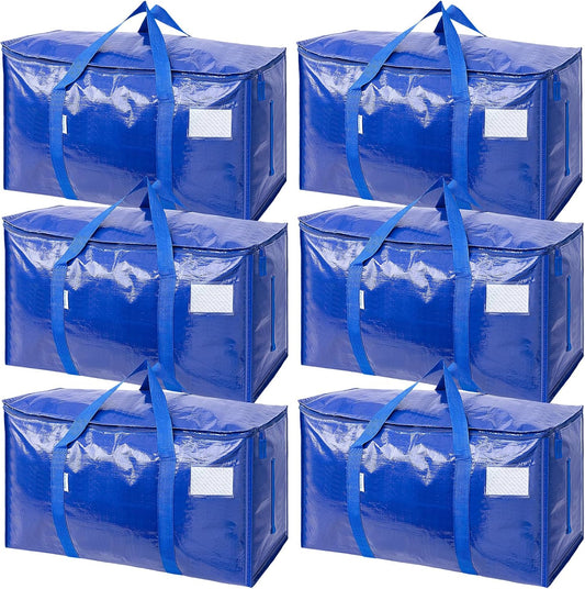 TICONN Extra Large Heavy-Duty Moving Bags - Durable Storage with Zippers & Handles | 6 Pack, Blue