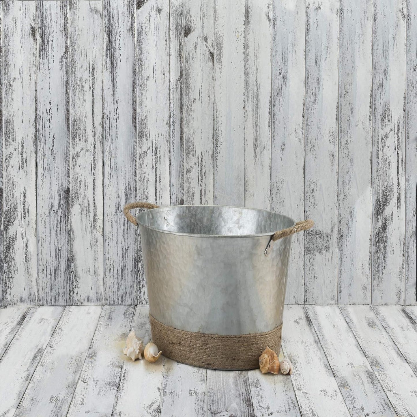 Twine Seaside Jute Rope Wrapped Farmhouse Galvanized Ice Metal Beverage Tub, Wine, Beer Bottle Bucket, 4.5 Gallons