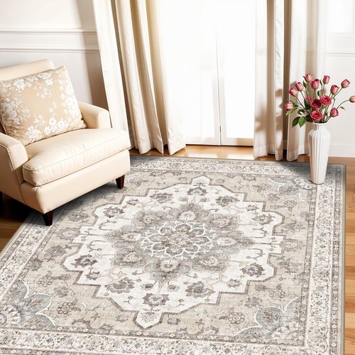 Living Room Washable Square Rug: 4x4 Soft Area Rugs for Kitchen Bedroom Bathroom Non-Slip Water Resistant Entryway Mat Low Pile Ultra Thin Small Carpet for High-Traffic Areas Home Decor (4x4,Beige)