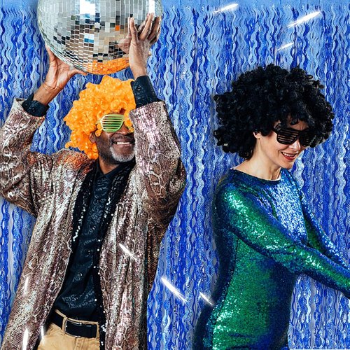 Blue Backdrop Wavy Tinsel Foil Fringe Curtains | Sparkling Metallic Party Decorations