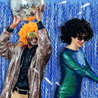 Blue Backdrop Wavy Tinsel Foil Fringe Curtains | Sparkling Metallic Party Decorations
