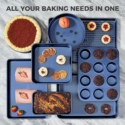 HONGBAKE 9-Piece Nonstick Baking Pans Set - Stackable, Non-Toxic Bakeware with Diamond Texture | Includes Cookie Sheet, Cake Pan, Roasting Pan & Muffin Tin in Blue