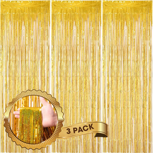 Voircoloria Laser Gold Foil Fringe Backdrop Curtains - 3 Pack Tinsel Streamers for Parties | 3.3 x 8.2 ft