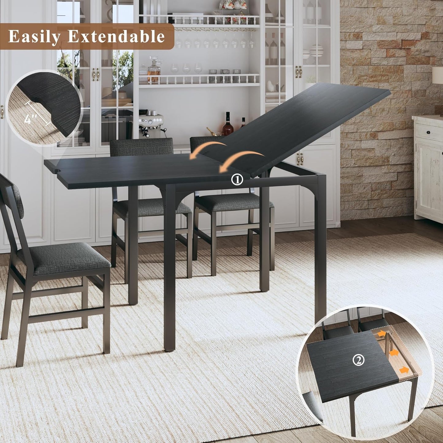 Skiennix 7-Piece Dining Table Set - Extendable Rectangle Table with 6 Cushioned Chairs - Black
