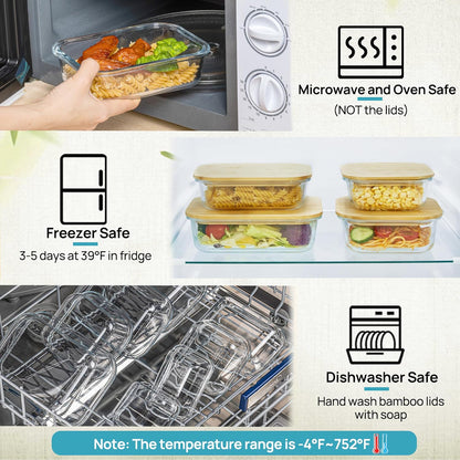 Vtopmart Glass Food Storage Containers - 4 Pack with Bamboo Lids | Microwave, Oven, Freezer Safe, BPA Free