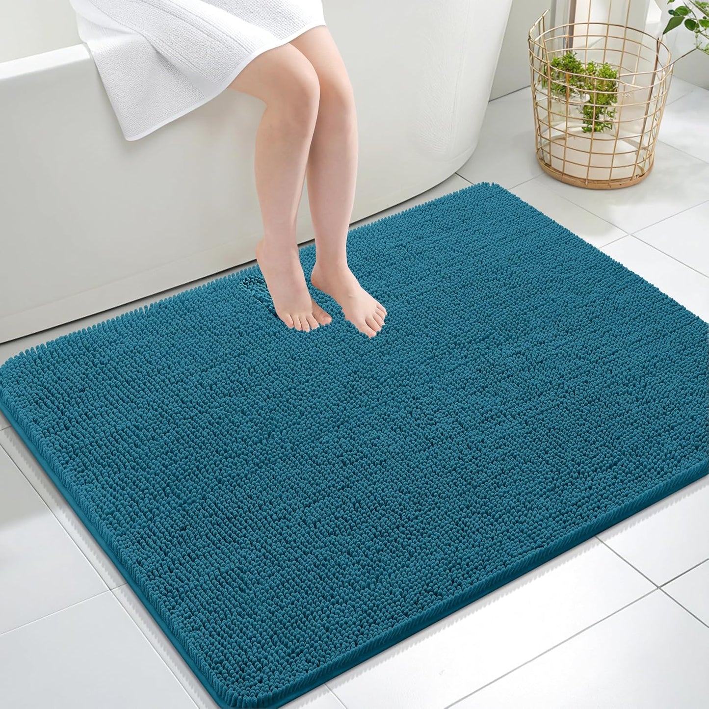 OLANLY Large Bathroom Rugs - Extra Soft Chenille Bath Mats | Quick-Dry, Machine Washable, Peacock Blue 40x32
