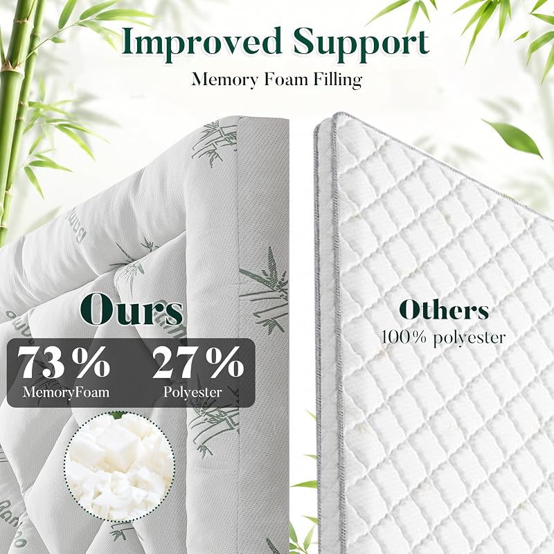 Queen Memory Foam Mattress Topper 3" with Bamboo Cooling 8-21" Deep Pocket - Green Variation