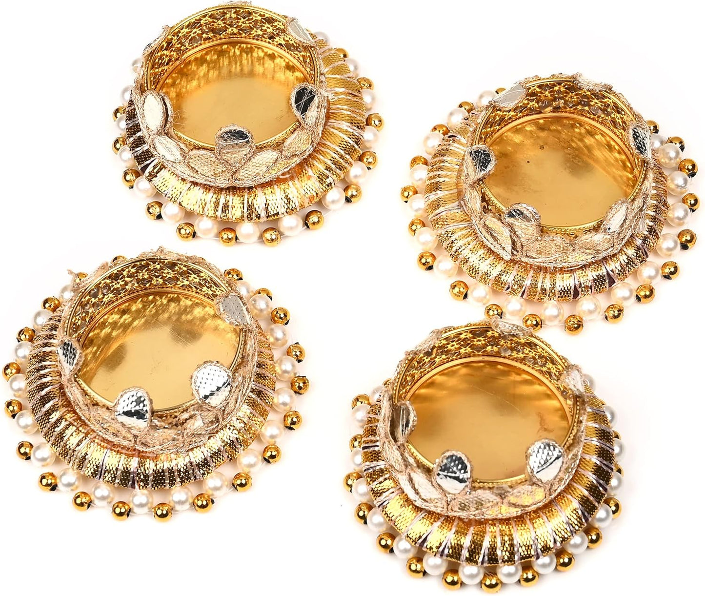 Skiennix Jute Ring Tealight Candle Holders - Set of 4 with Moti Beads | Golden Indian Decor for Weddings & Festivals