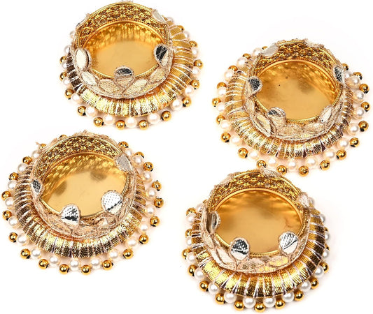 Skiennix Jute Ring Tealight Candle Holders - Set of 4 with Moti Beads | Golden Indian Decor for Weddings & Festivals