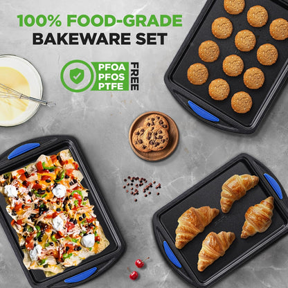 NutriChef Nonstick Cookie Sheets Set - 3-Piece Carbon Steel Bakeware with Silicone Handles | Durable & Oven Safe