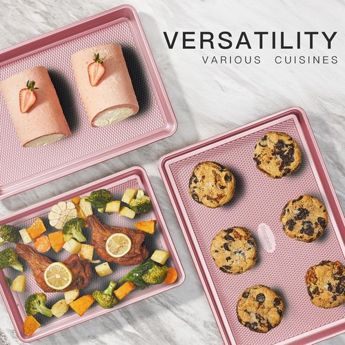 HONGBAKE Nonstick Baking Sheet Pan Set - Heavy Duty Cookie Sheets with Diamond Texture | Pink, Half & Quarter Sizes
