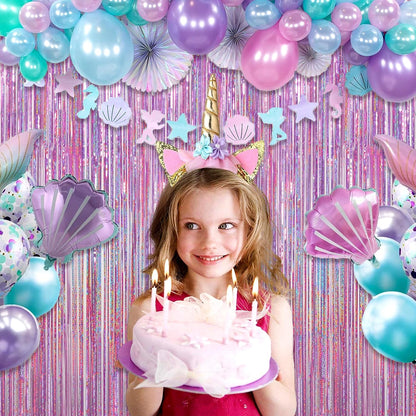 Melsan Easter Decorations - 3 Pack Pinkish Purple Tinsel Fringe Curtain Backdrop | 3.2 x 8.2 ft Sparkling Metallic Party Decor