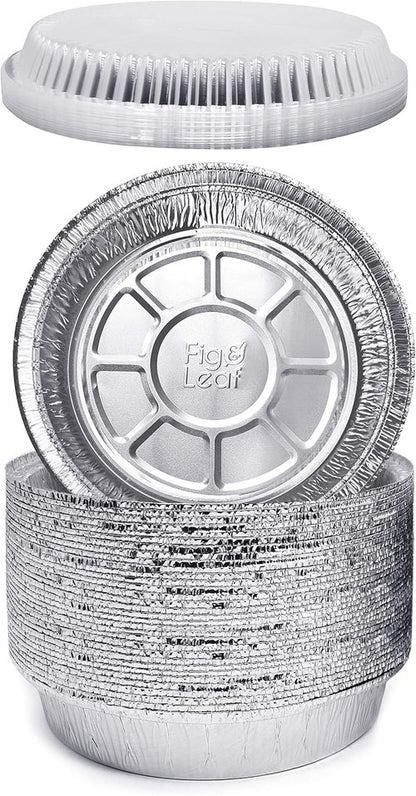 Fig & Leaf Premium 9-Inch Round Foil Pans - Heavy Duty Disposable Aluminum with Plastic Dome Lids | 45 Pack