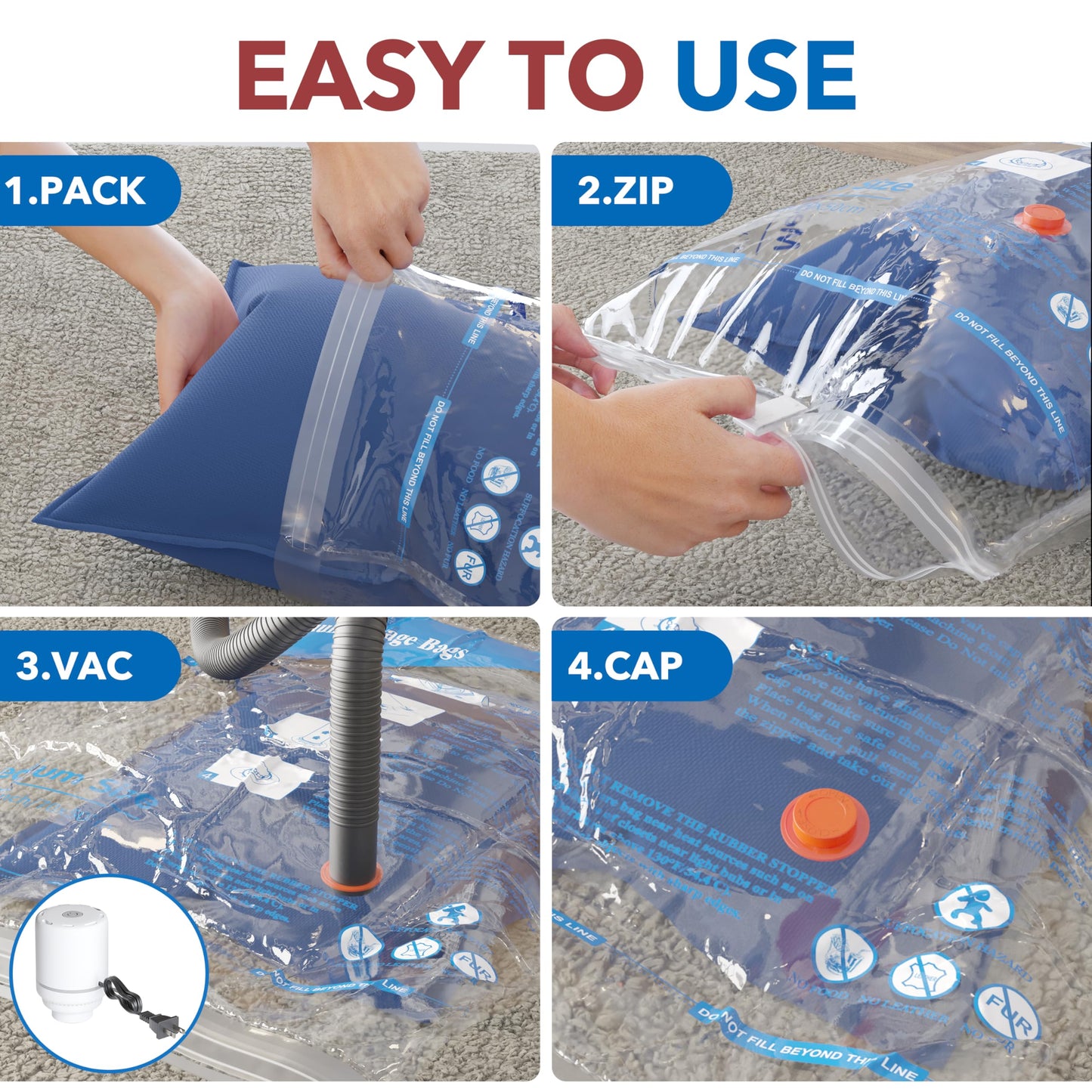 Vacuum Storage Bags with Electric Air Pump 24 Combo (5 Jumbo/5 Large/5 Medium/5 Small/4 Roll), Space Saver Sealer Bags, Airtight Compression Bags for Clothes, Pillows, Comforters, Blankets, Bedding