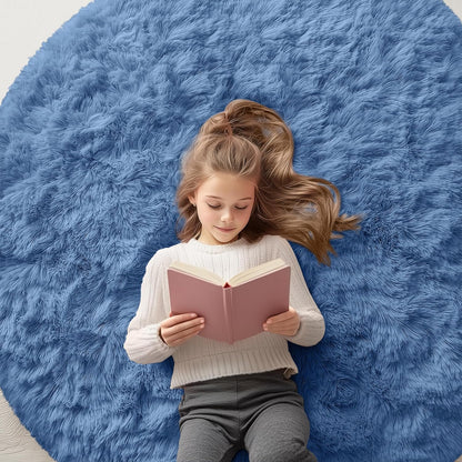 OLANLY Blue Round Area Rug - Soft, Fluffy & Machine Washable 5 ft Circle Carpet for Bedroom & Living Room