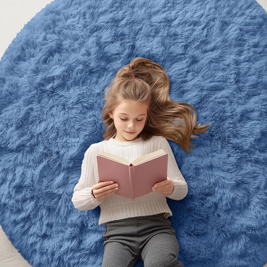 OLANLY Blue Round Area Rug - Soft, Fluffy & Machine Washable 5 ft Circle Carpet for Bedroom & Living Room