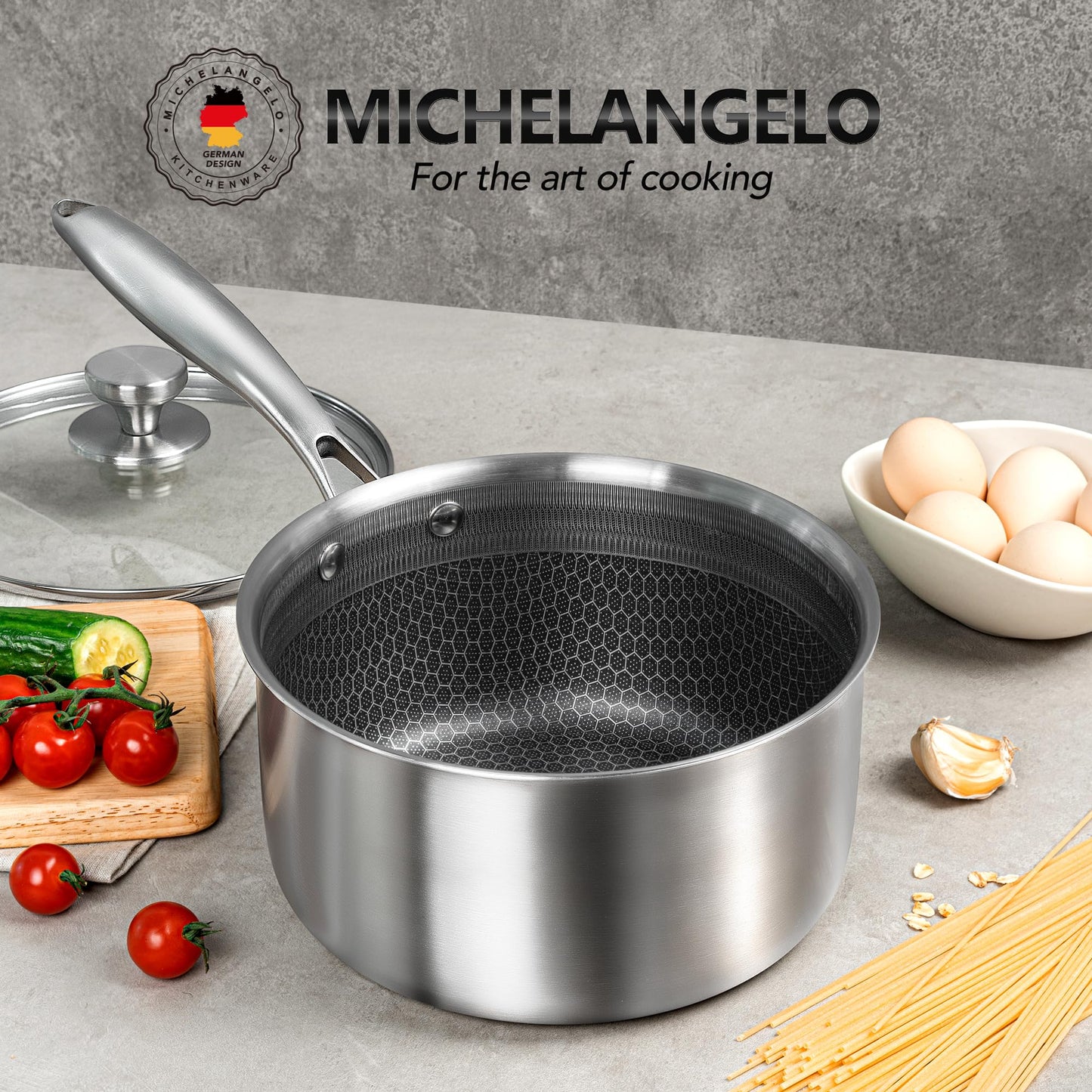 MICHELANGELO 3 Quart Saucepan with Lid, Premium Triple Ply Stainless Steel Sauce Pan with Lid, Sauce Pot with Honeycomb Interior - 3QT