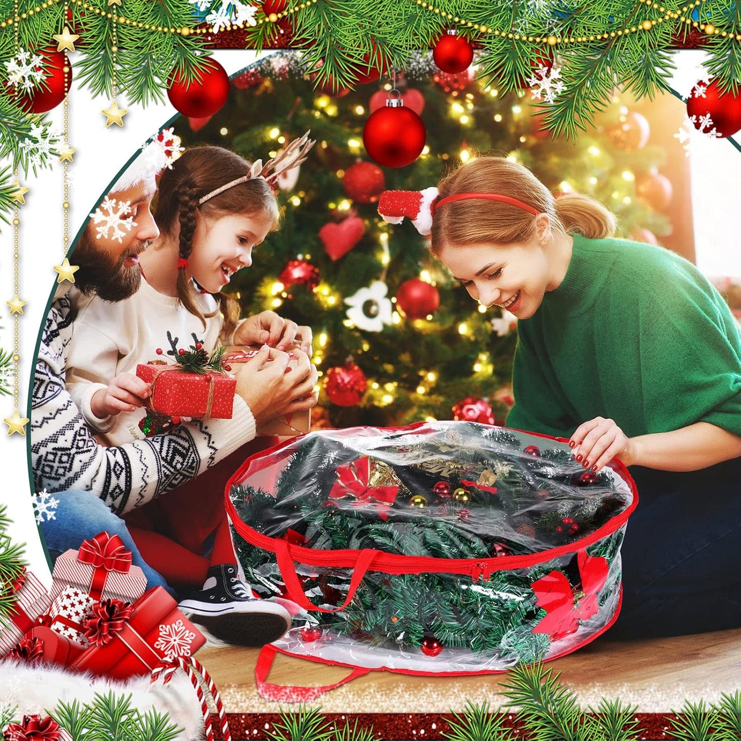 Shappy Clear Christmas Wreath Storage Container - 24 Inch Xmas Wreath Bag with Dual Zippers & Reinforced Handles | Red