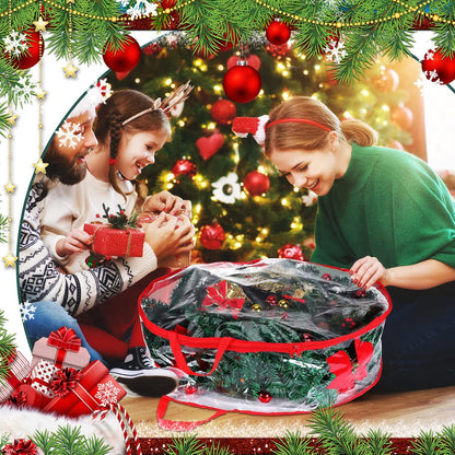 Shappy Clear Christmas Wreath Storage Container - 24 Inch Xmas Wreath Bag with Dual Zippers & Reinforced Handles | Red