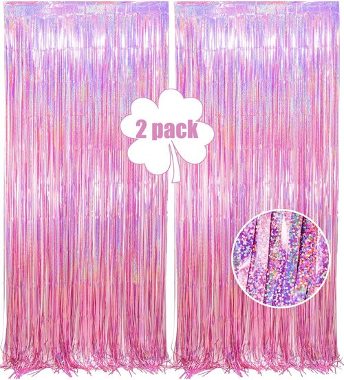 Glitter Pink Foil Fringe Curtain | 2-Pack Metallic Tinsel Backdrop – 3.2x8.2 ft for Parties & Events