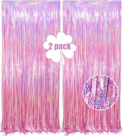Glitter Pink Foil Fringe Curtain | 2-Pack Metallic Tinsel Backdrop – 3.2x8.2 ft for Parties & Events