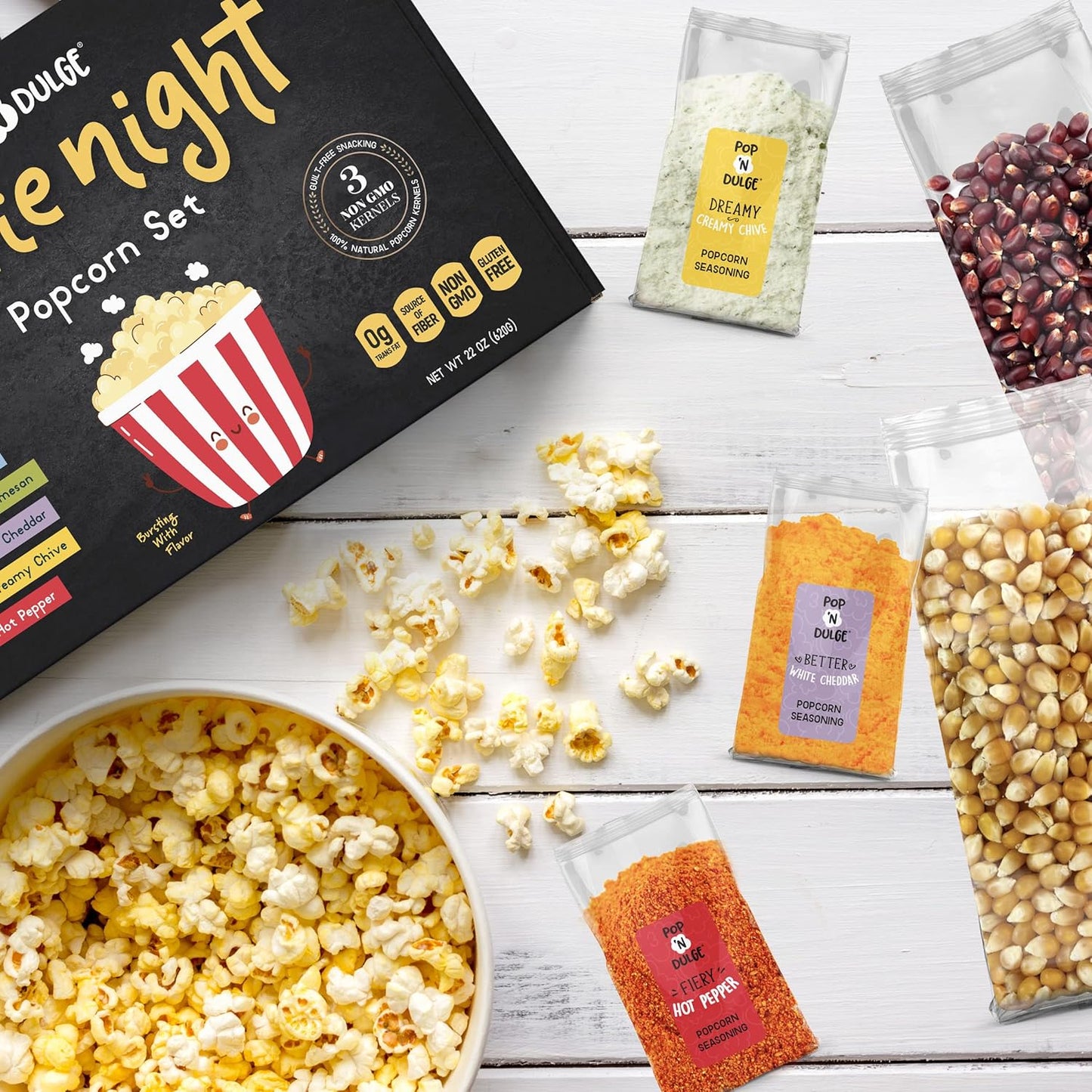 Pop n' Dulge Gourmet Popcorn Gift Set - 16 Pcs with 5 Flavors & Seasonings | Perfect Movie Night Snacks