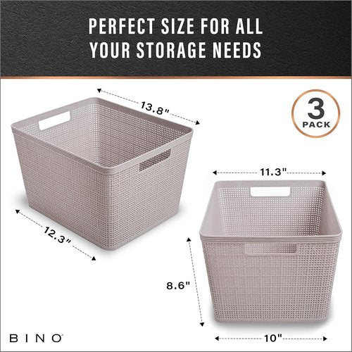 BINO Woven Plastic Basket - Large Natural Grey, 3-Pack | Stylish Home Organization & Space-Saving Storage
