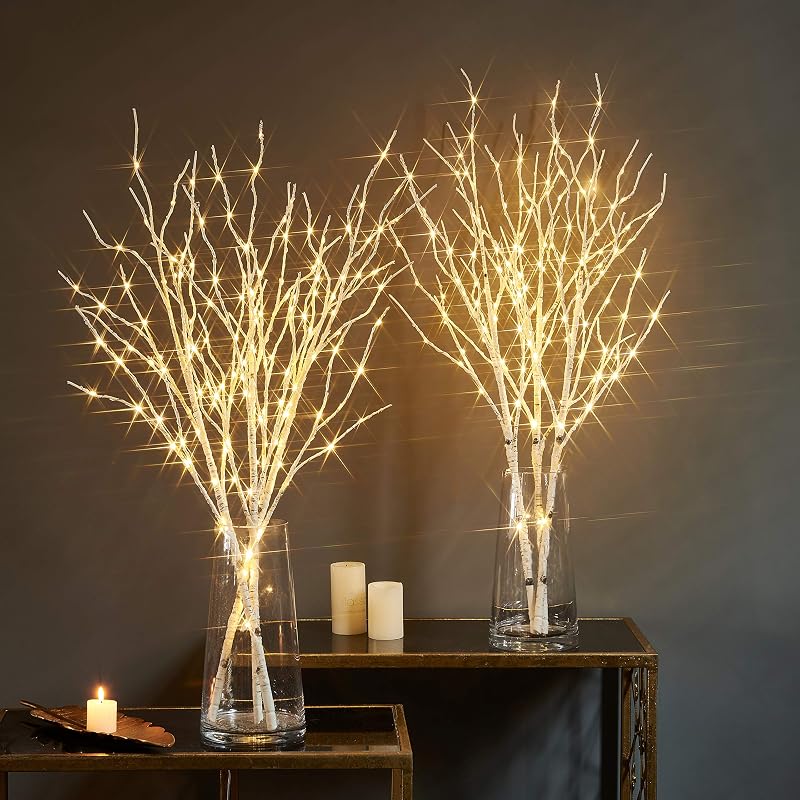 Fudios 150 LED Lighted Branches with Timer, 32in Plug-In Birch Twigs for Vase - 3 Branches