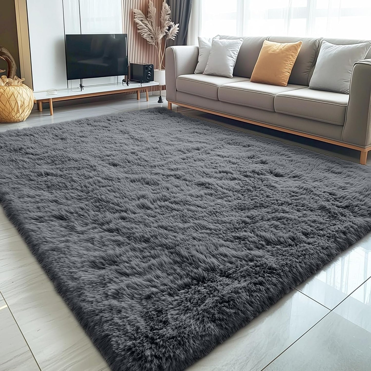 OLANLY 5x5 Area Rug - Soft Fluffy Shaggy Design | Machine Washable Indoor Carpet in Grey for Kids & Home Decor