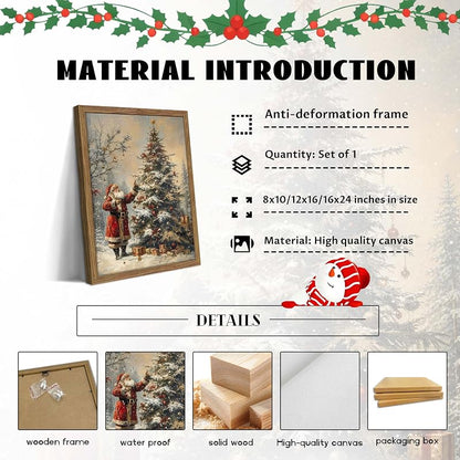 Framed Santa Claus & Christmas Tree Vintage Wall Art, 12x16 Natural Wood Frame
