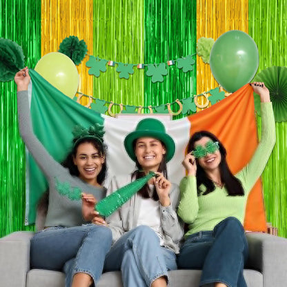 St. Patrick's Day Party Decorations - 2 Pack Green & Gold Backdrop Curtains | 3.28 FT x 7.05 FT Metallic Fringe