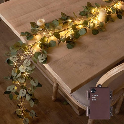 Hairui Lighted Eucalyptus Garland - 6FT Faux Vine with 96 LED Lights & Timer for Wedding Decor
