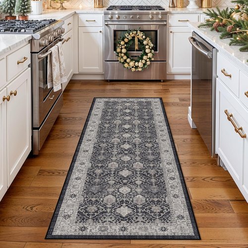 Hallway Washable Runner Rug - Vintage Non-Slip Soft Floor Mat for Kitchen & Entryway | 2x6 Black