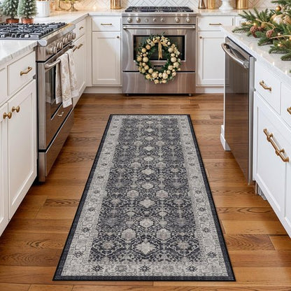 Hallway Washable Runner Rug - Vintage Non-Slip Soft Floor Mat for Kitchen & Entryway | 2x6 Black