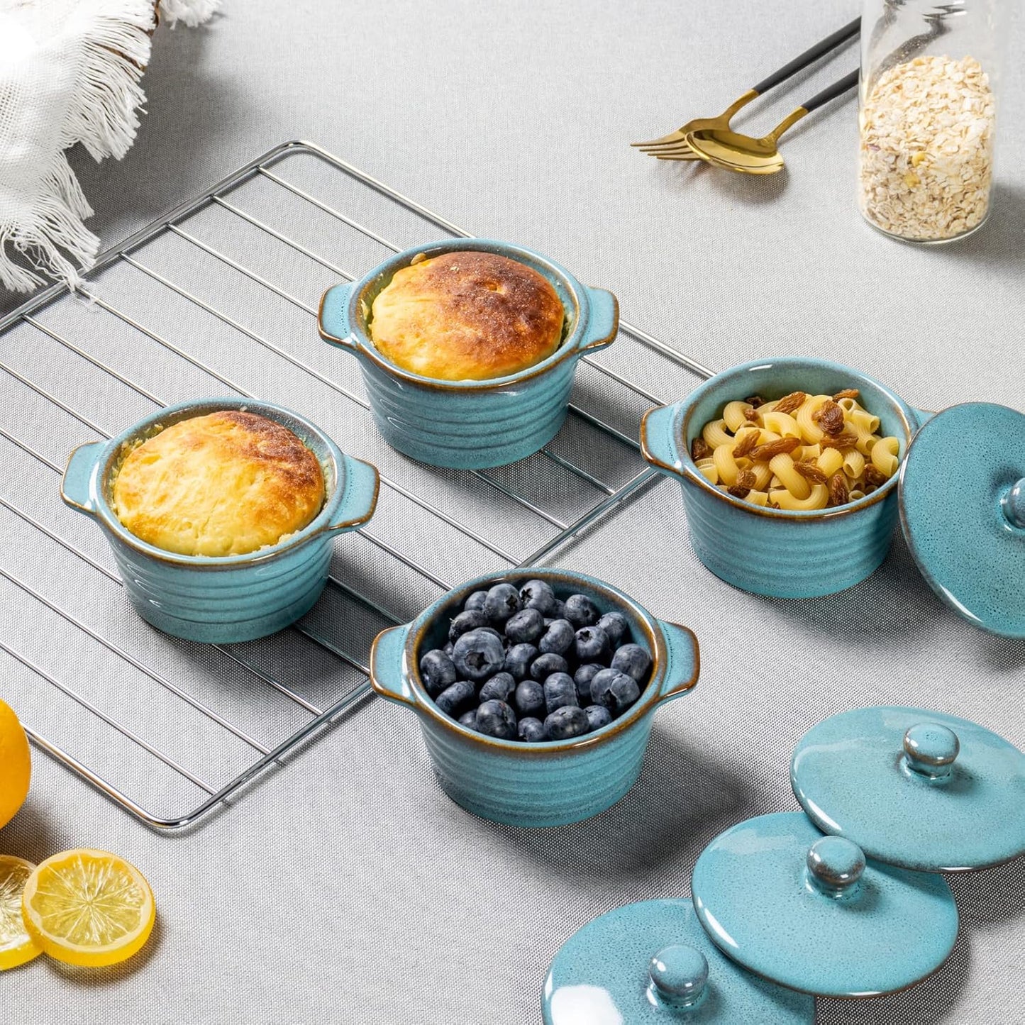 Regine Switzerland 8 oz Creme Brulee Ramekins - Oven Safe Mini Casserole Dishes Set of 4 in Reactive Blue