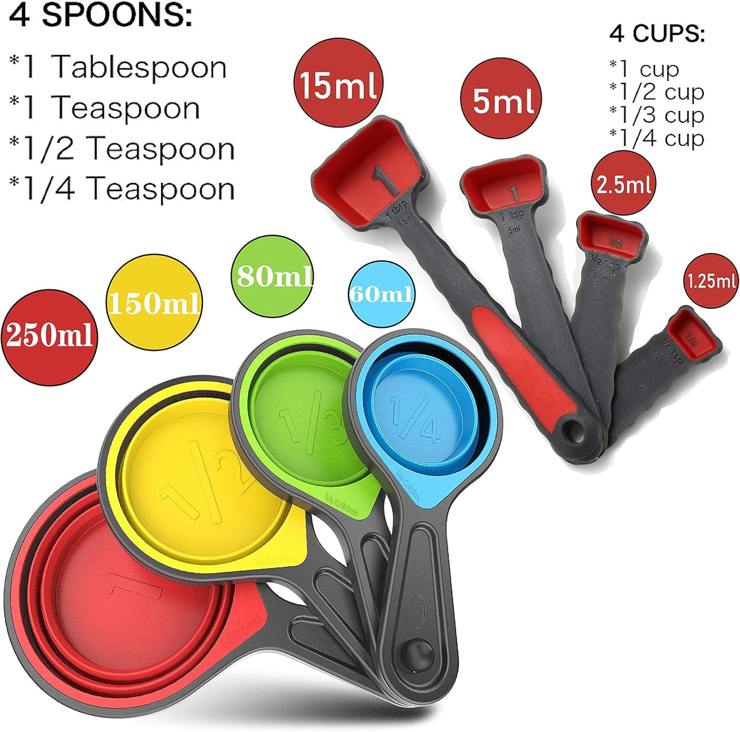 Skiennix Collapsible Silicone Measuring Cups & Spoons - 8-Piece Set for Liquid & Dry Baking | Portable Food-Grade Design