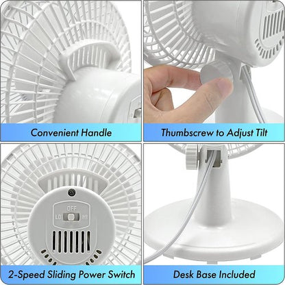 Comfort Zone CZ6D 6" Quiet Portable Desk Fan - 2-Speed with Clip & Adjustable Tilt | White