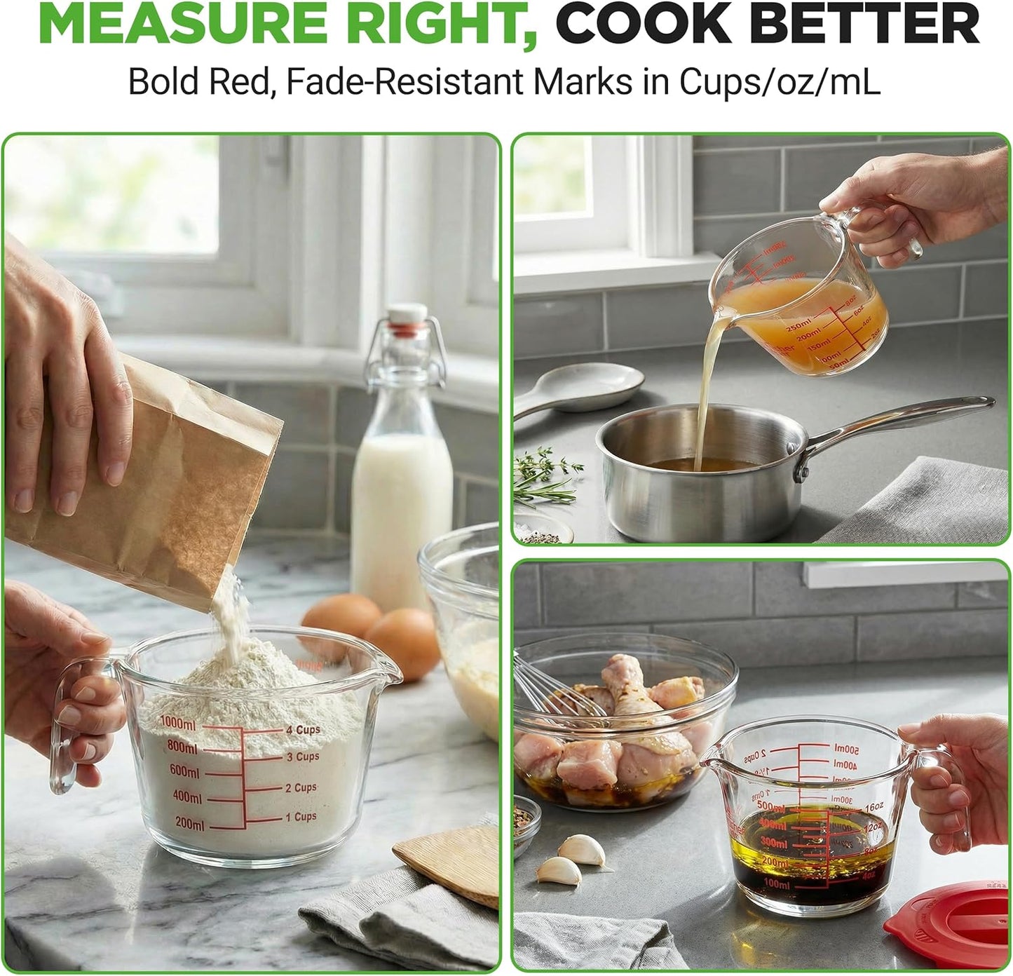 NutriChef Glass Measuring Cup Set - Heat-Resistant Borosilicate with Lids | 1, 2 & 4 Cups (8, 17, 34 oz)