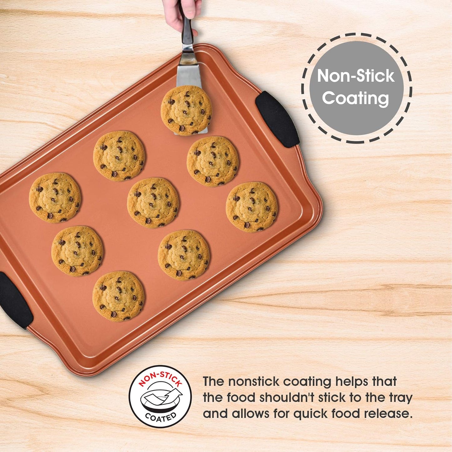 Perlli Nonstick Baking Sheet Set - 4-Piece Copper Carbon Steel Bakeware with Silicone Grips | Includes 2 Cookie Sheets & Baking Pan with Lid