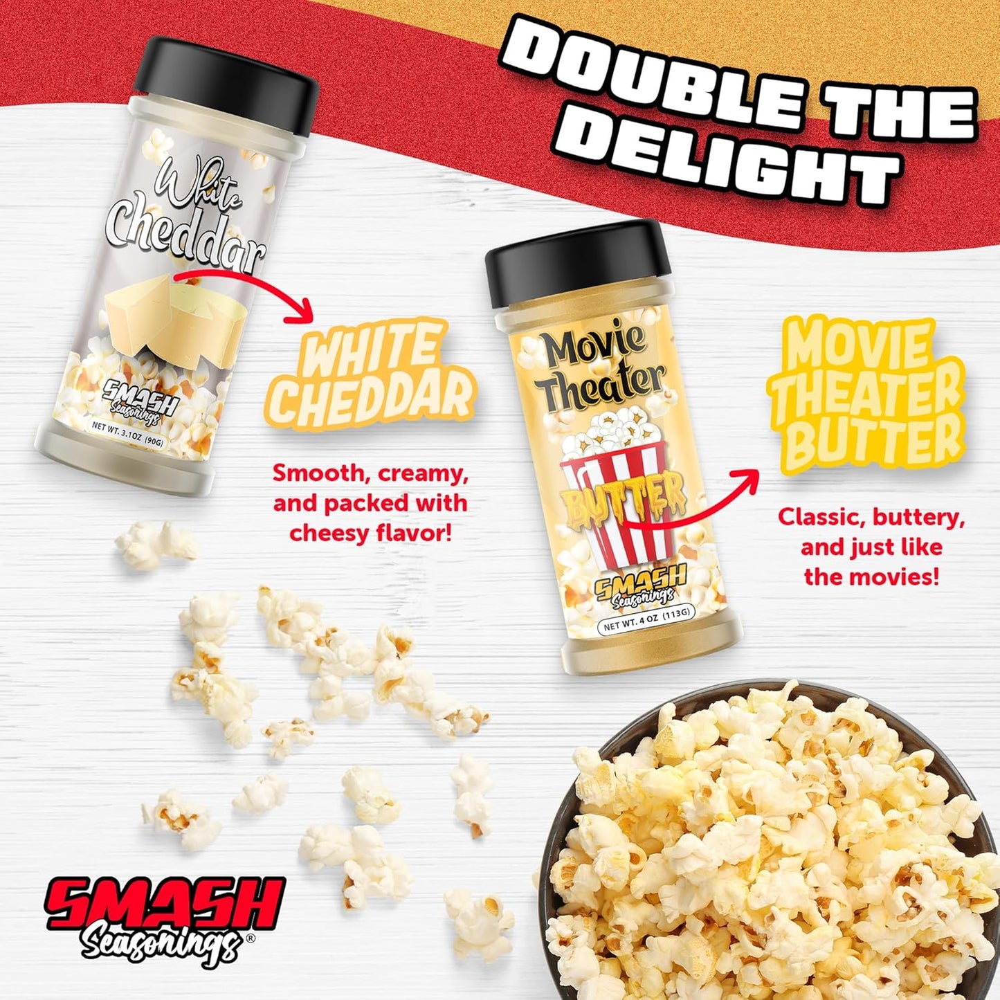 White Cheddar & Movie Theater Butter Popcorn Seasoning Shaker - Double Flavor Blend for Snacks | 2 Pack
